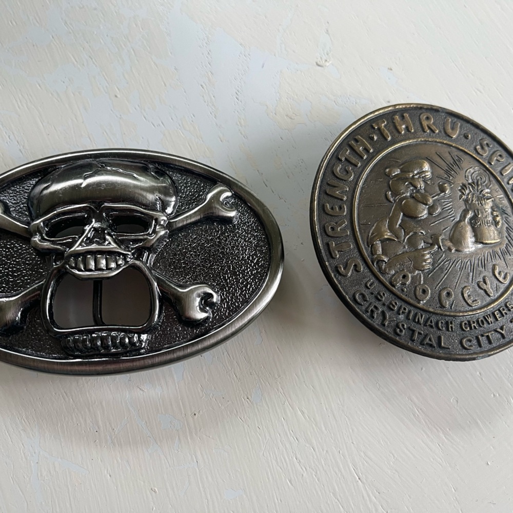Vintage Skull and Popeye Belt Buckles, sold as set